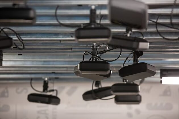 A rack of monitoring cameras