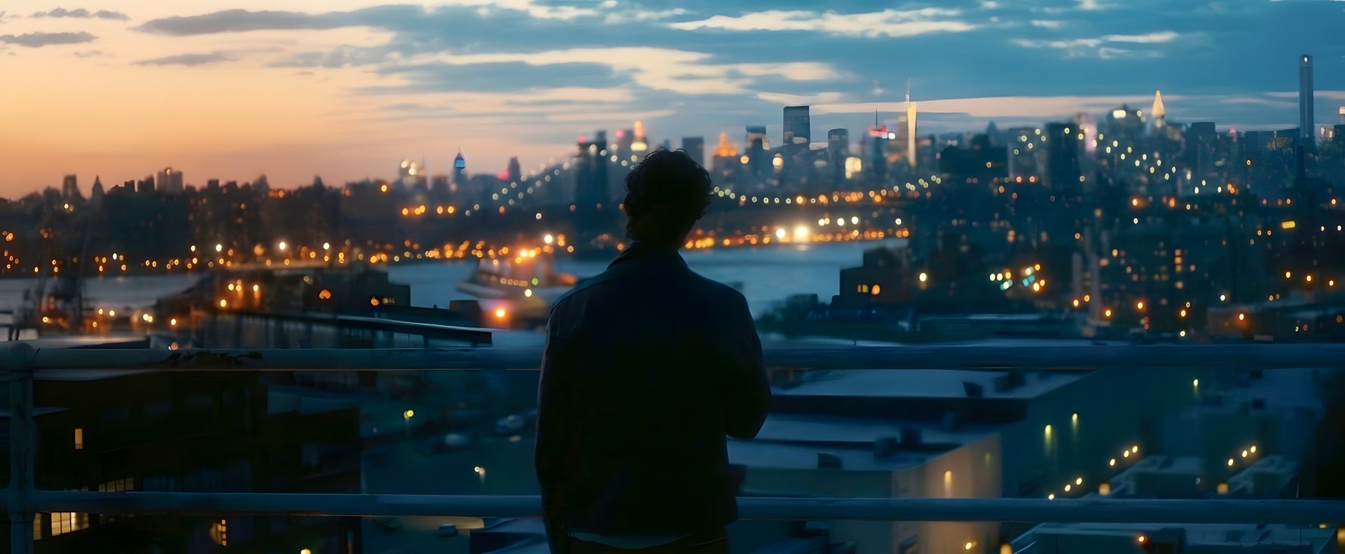 A lone figure on a rooftop looking over the city skyline at dusk