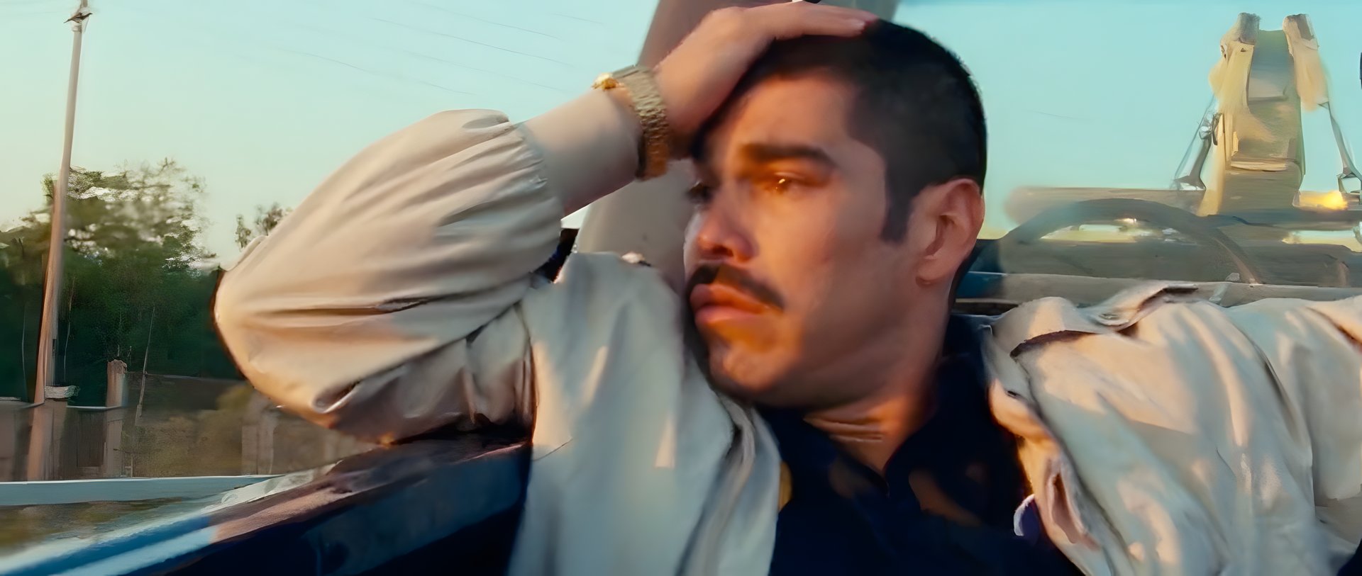 Raul leaning from a car, hand to his head