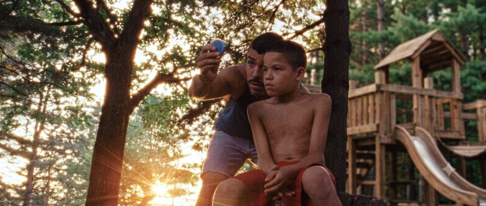 Raul and his son in the park at sunset