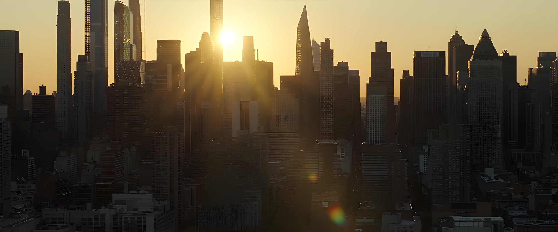 The city skyline at sunrise
